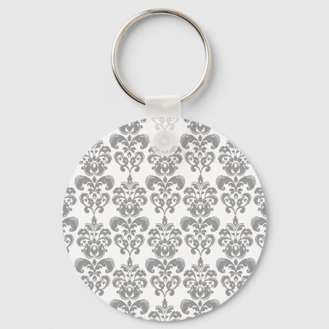 LIGHT GREY AND WHITE DAMASK PATTERN 2 KEY RING (Front)