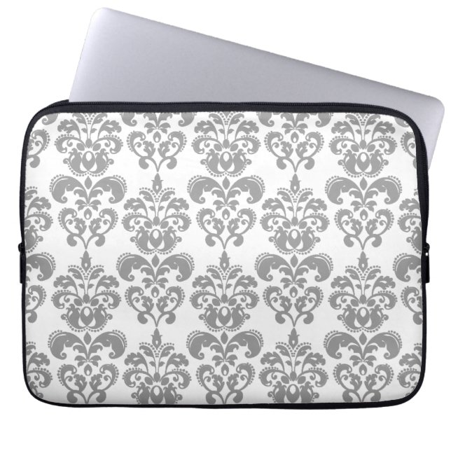 LIGHT GREY AND WHITE DAMASK PATTERN 2 LAPTOP SLEEVE (Front)