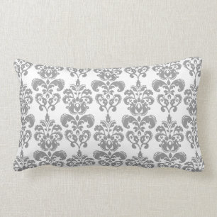 LIGHT GREY AND WHITE DAMASK PATTERN 2 LUMBAR CUSHION