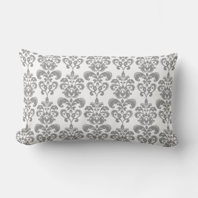 LIGHT GREY AND WHITE DAMASK PATTERN 2 LUMBAR CUSHION (Front)