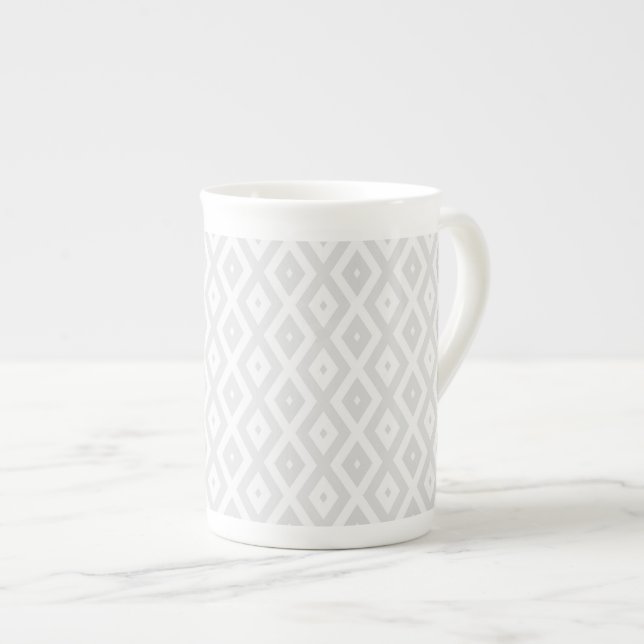 Light grey and white diamond pattern bone china mug (Front Right)