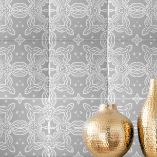 Light Grey And White Ornate Elegant Damask Pattern Ceramic Tile