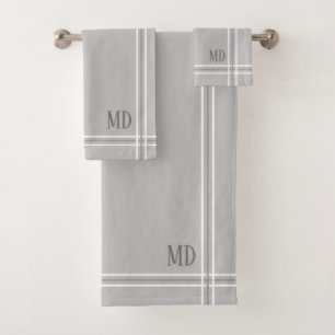 Light Grey and White Striped Custom Initials Bath Towel Set