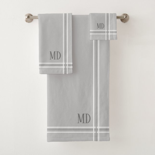 Light Grey and White Striped Custom Initials Bath Towel Set (Insitu)
