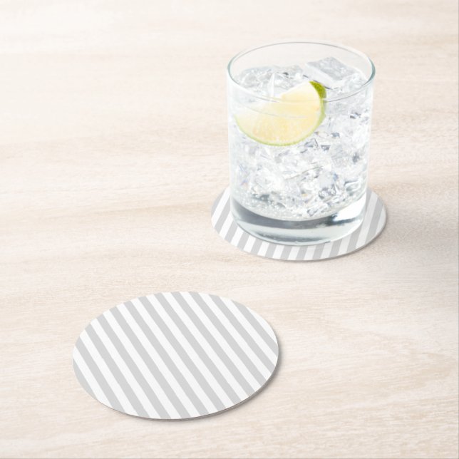 Light Grey and White Stripes Round Paper Coaster (Insitu)