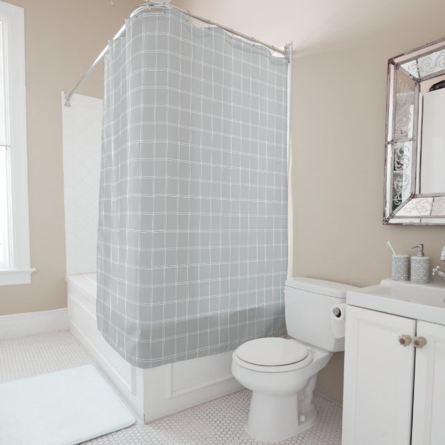 Light Grey and White Windowpane Check Shower Curtain (In Situ)