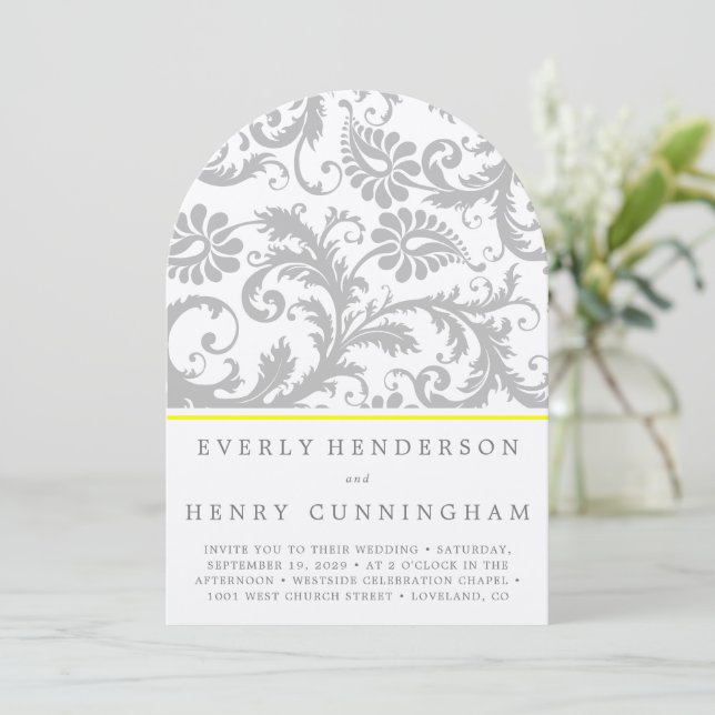 Light Grey and Yellow Damask Wedding Invitation (Standing Front)