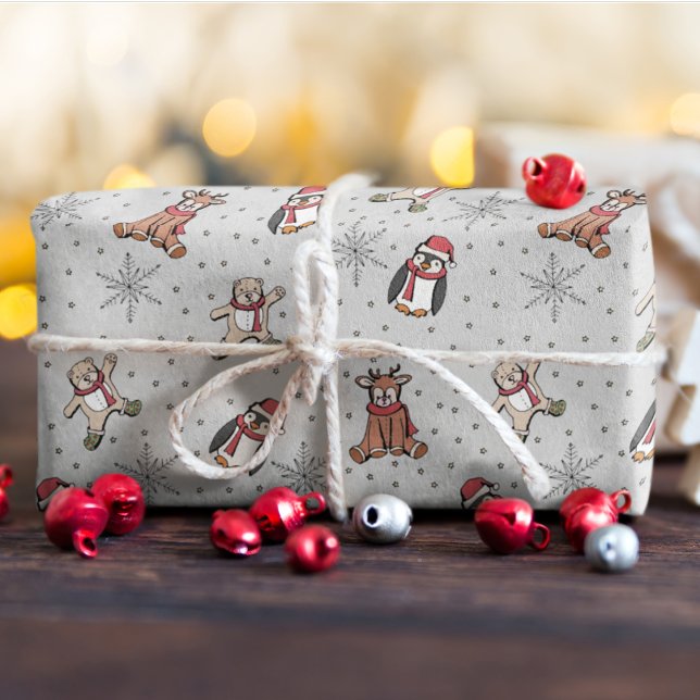 Light Grey Babys First Christmas Winter Animals Wrapping Paper (Baby's First Christmas Winter Animal Gray Wrapping Paper. Hand-Drawn Penguin, Reindeer, Teddy Bear)