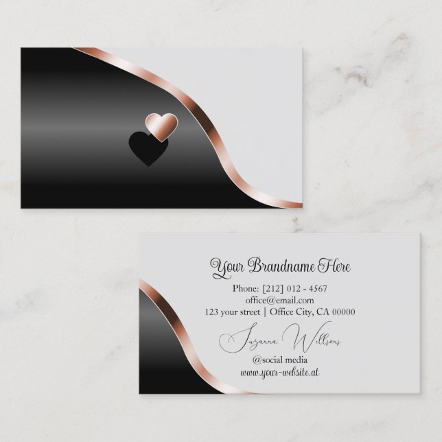 Light Grey Black Wavy Rose Gold Decor with Hearts Business Card (Front/Back)