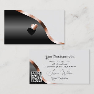 Light Grey Black Wavy Rose Gold Hearts and QR Code Business Card