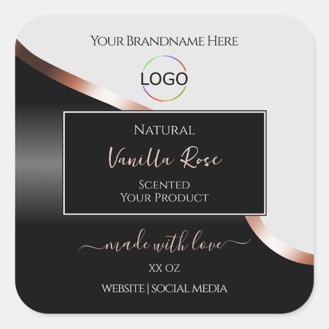 Light Grey Black Wavy Rose Gold Labels with Logo (Front)