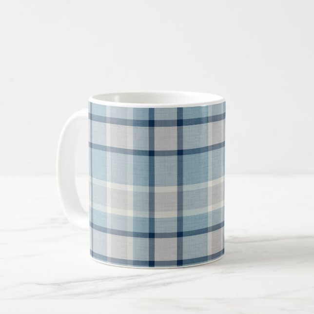 Light grey-blue textured chequered  coffee mug (Front Left)
