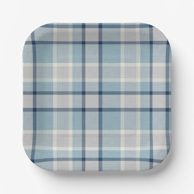 Light grey-blue textured chequered  paper plate (Front)