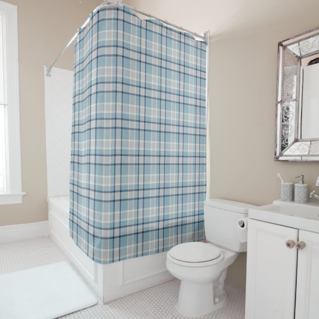 Light grey-blue textured chequered  shower curtain (In Situ)