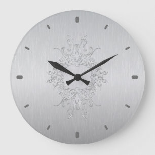 Light Grey Brushed Aluminium Look Large Clock