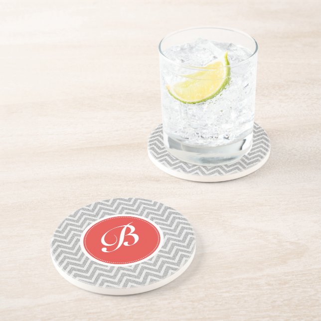 Light Grey Chevron Pattern Linen Texture Monogram Coaster (Side)