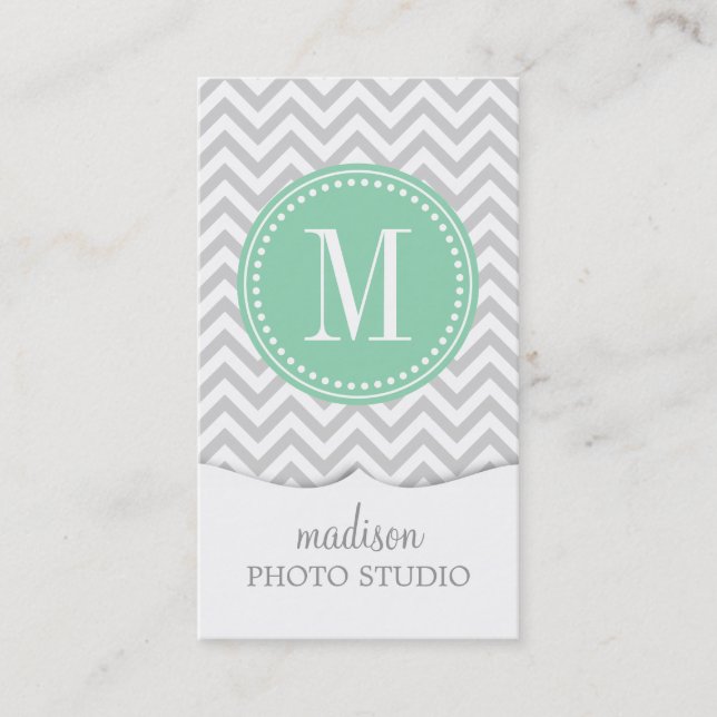 Light Grey Chevron Zigzag Personalised Monogram Business Card (Front)
