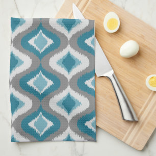 Light Grey Dark Teal Blue Green Ikat Ogee Pattern Tea Towel