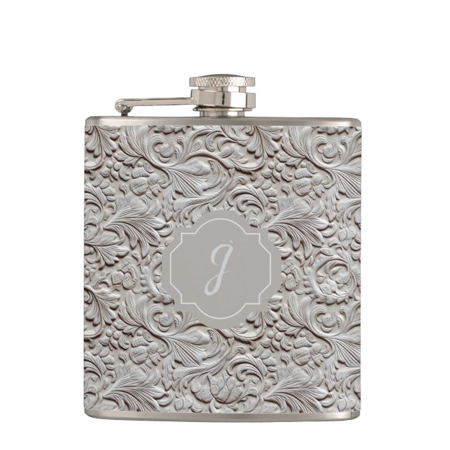 Light Grey Faux Tooled Leather Vinyl  Hip Flask (Front)