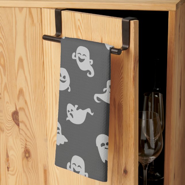 Light Grey Ghosts Dark Grey Halloween Tea Towel (Thirds Fold)