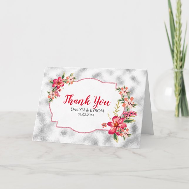 Light Grey Glass And Pink Flowers Thank You Card (Front)