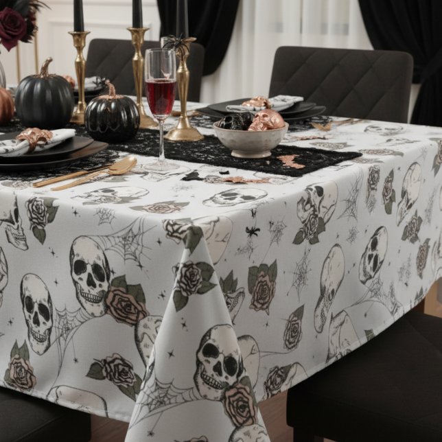 Light Grey Gothic Skulls and Roses Halloween Tablecloth (Light Gray Goth Floral Skulls Halloween, Dia de los Muertos Tablecloth. Gothic Skull, Rose Pattern)