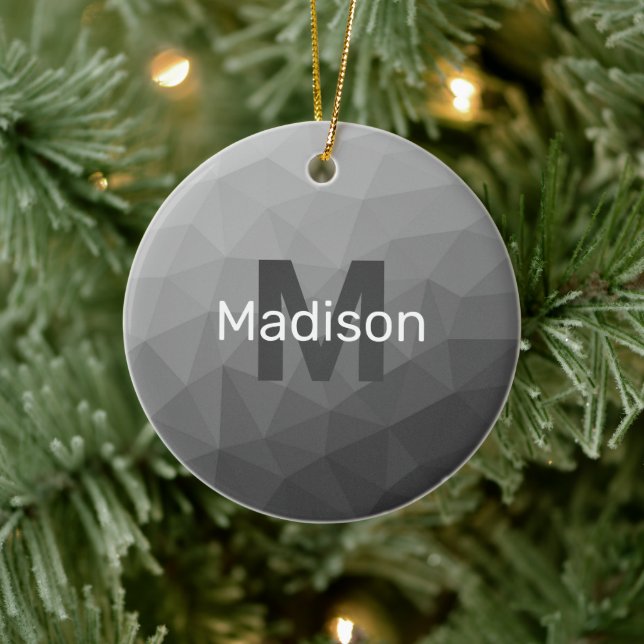 Light grey gradient geometric mesh Monogram Ceramic Ornament (Tree)