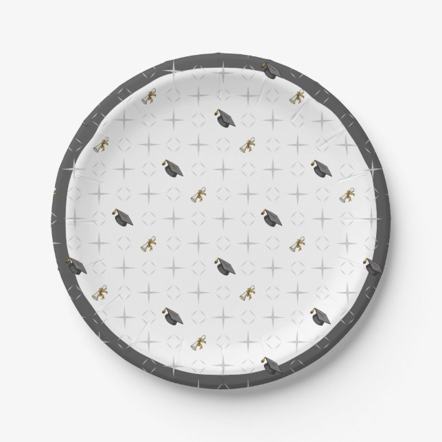 Light Grey Graduation Caps and Diploma Pattern Paper Plate (Front)