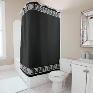 Light Grey Greek Pattern on Black Shower Curtain