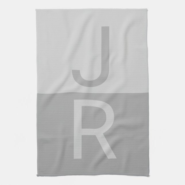 Light Grey & Grey Modern Initials Monogram Tea Towel (Vertical)