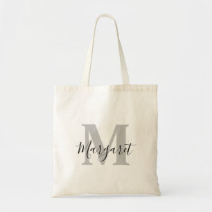 Light Grey Monogram Black Script Name Tote Bag