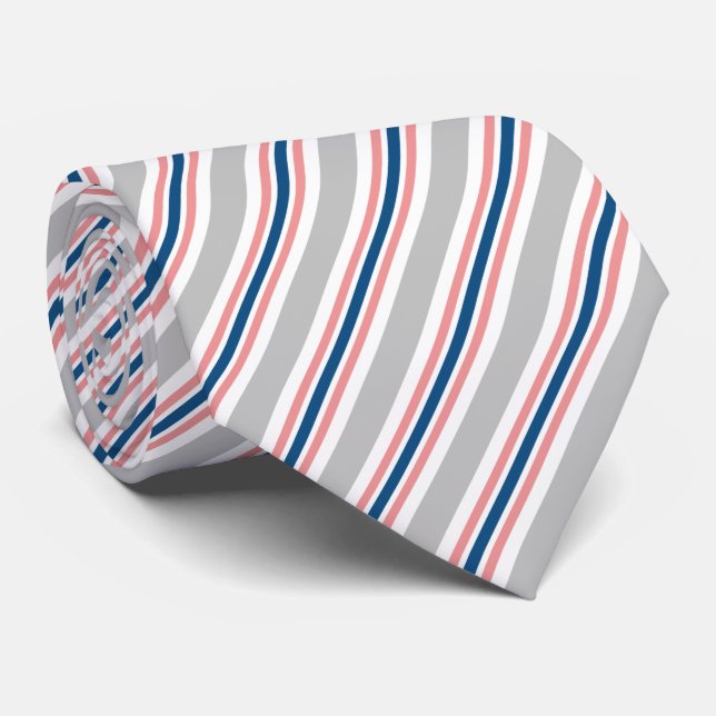 Light Grey Navy Blue Blush Pink Stripes Pattern Tie (Rolled)