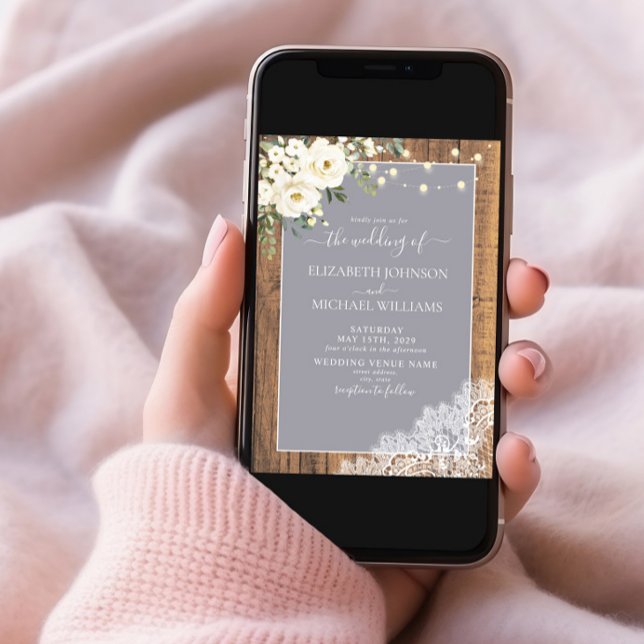 Light Grey Rustic Wood Script Lace Photo Wedding Invitation (Creator Uploaded)