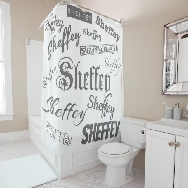 Light Grey Sheffey Fonts - 9574 Shower Curtain (In Situ)