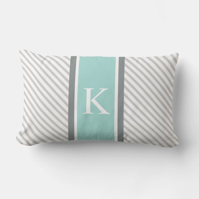 Light Grey Stripes & Mint Green Monogram Lumbar Cushion (Front)