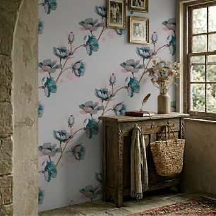 Light Grey Vintage Watercolor Blue Flower Stripes Wallpaper