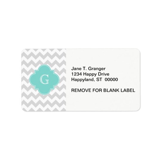 Light Grey White Chevron Aqua Quatrefoil Monogram Address Label