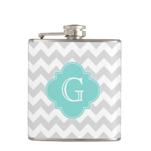Light Grey White Chevron Aqua Quatrefoil Monogram Hip Flask