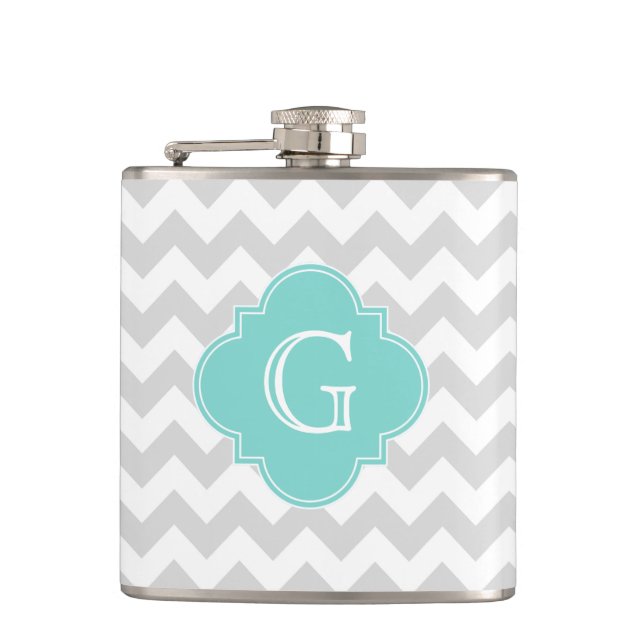 Light Grey White Chevron Aqua Quatrefoil Monogram Hip Flask (Front)