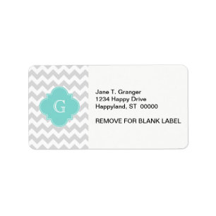 Light Grey White Chevron Aqua Quatrefoil Monogram Label