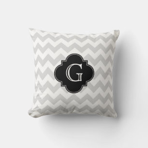 Light Grey White Chevron Black Quatrefoil Monogram Cushion