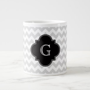 Light Grey White Chevron Black Quatrefoil Monogram Large Coffee Mug
