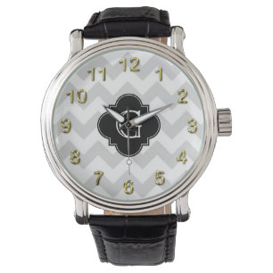 Light Grey White Chevron Black Quatrefoil Monogram Watch