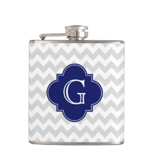 Light Grey White Chevron Navy Quatrefoil Monogram Hip Flask