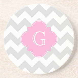 Light Grey White Chevron Pink Quatrefoil Monogram Coaster