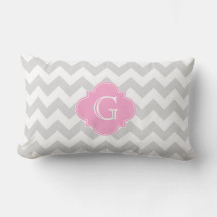 Light Grey White Chevron Pink Quatrefoil Monogram Lumbar Cushion