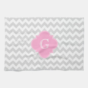 Light Grey White Chevron Pink Quatrefoil Monogram Tea Towel
