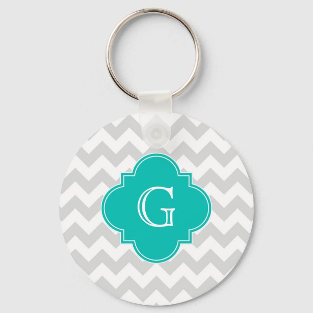 Light Grey White Chevron Teal Quatrefoil Monogram Key Ring (Front)
