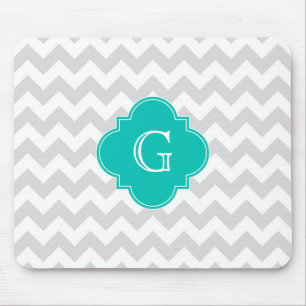 Light Grey White Chevron Teal Quatrefoil Monogram Mouse Pad