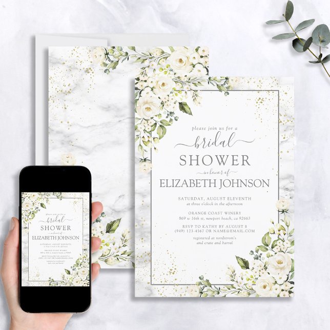 Light Grey White Floral Gold Marble Bridal Shower Invitation (Creator Uploaded)